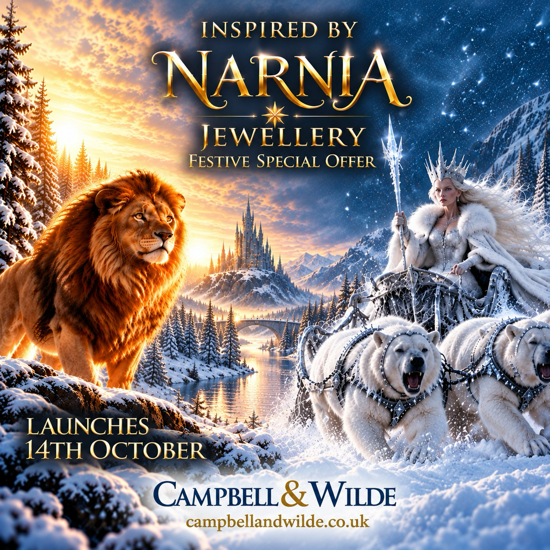 Aslan the Great Lion and Jadis the White Witch in a snowy Narnia-inspired landscape, promoting Campbell & Wilde's festive jewellery offer launching 14 October.