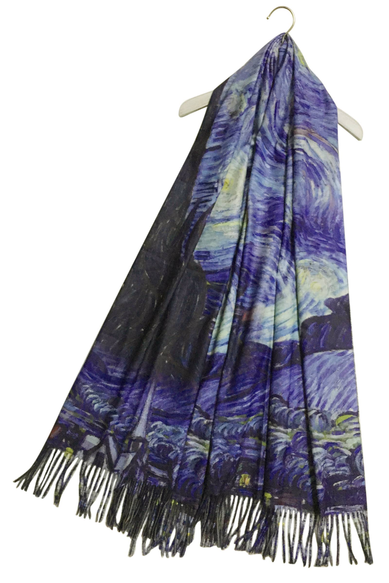 Van Gogh Starry Night Art Print Wool Tassel Scarf: Blue