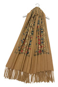 Camel Embroidered Tulip Tassel Scarf