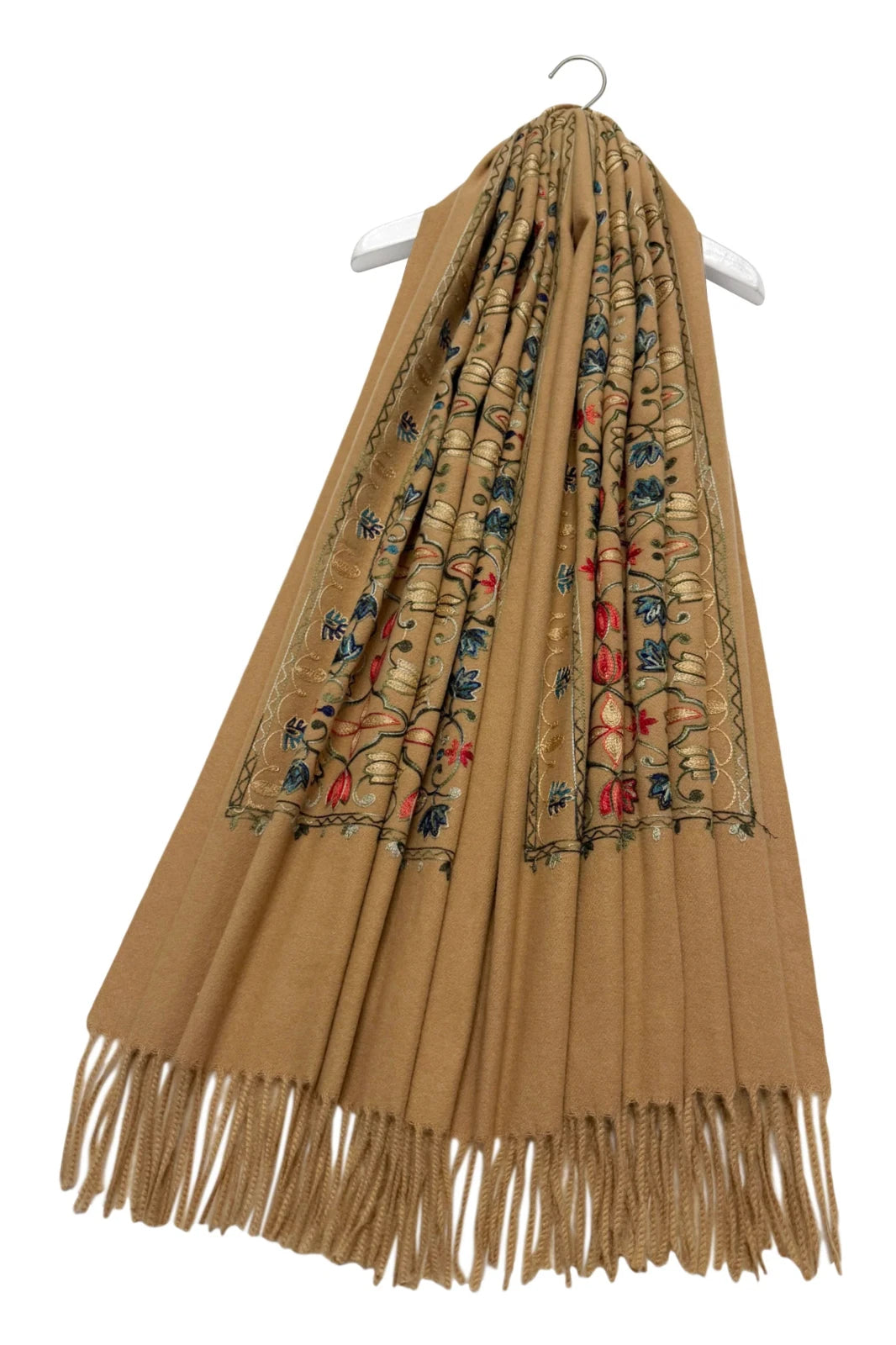 Camel Embroidered Tulip Tassel Scarf