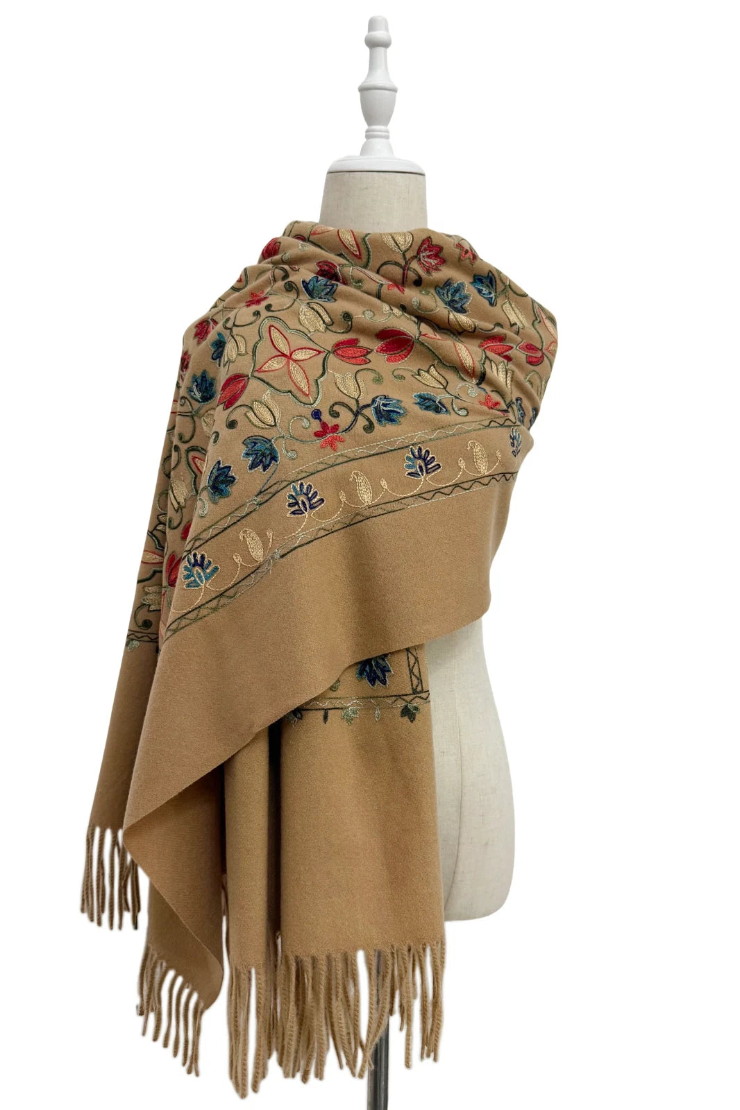 Camel Embroidered Tulip Tassel Scarf
