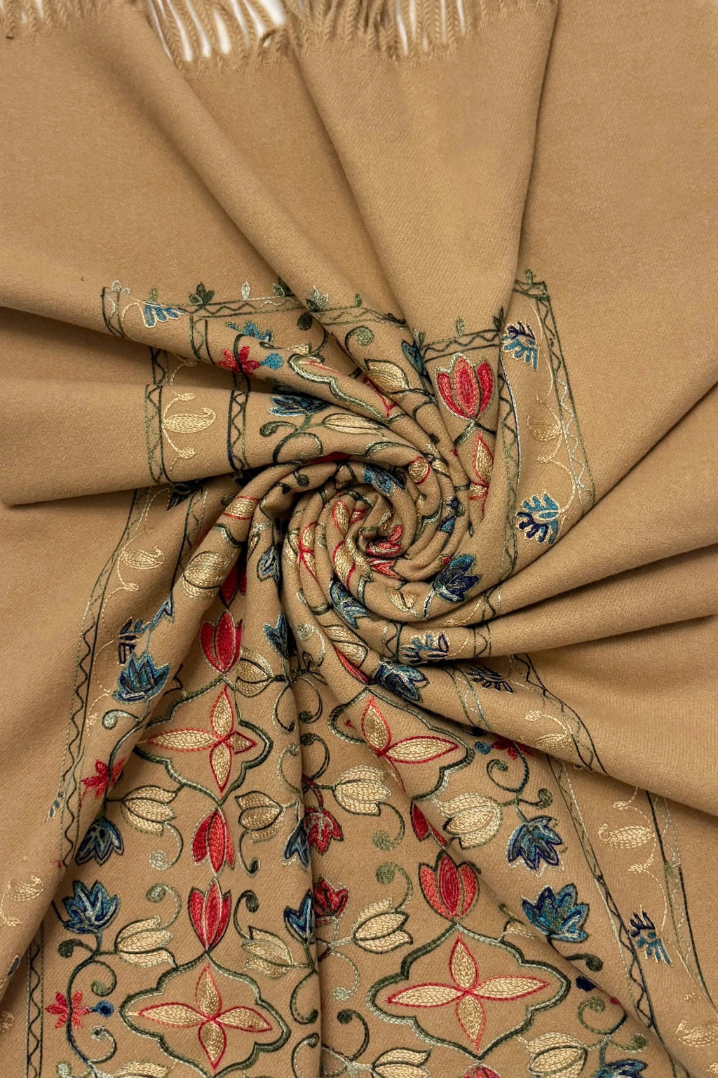 Camel Embroidered Tulip Tassel Scarf