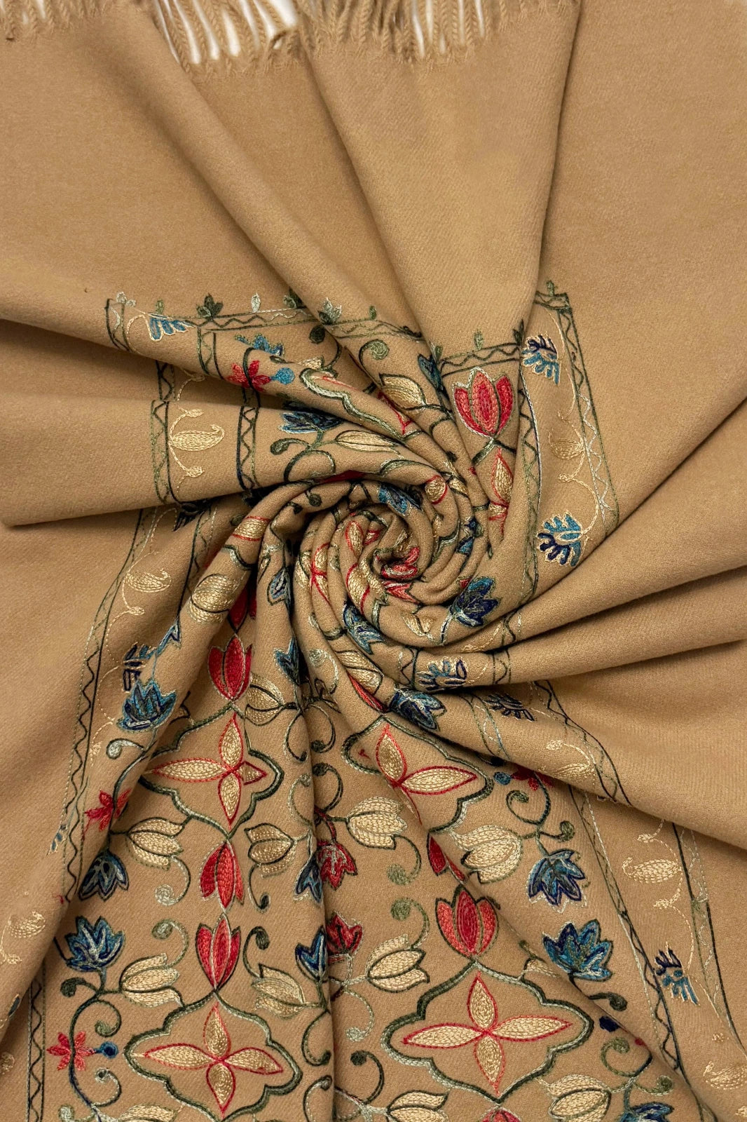 Camel Embroidered Tulip Tassel Scarf