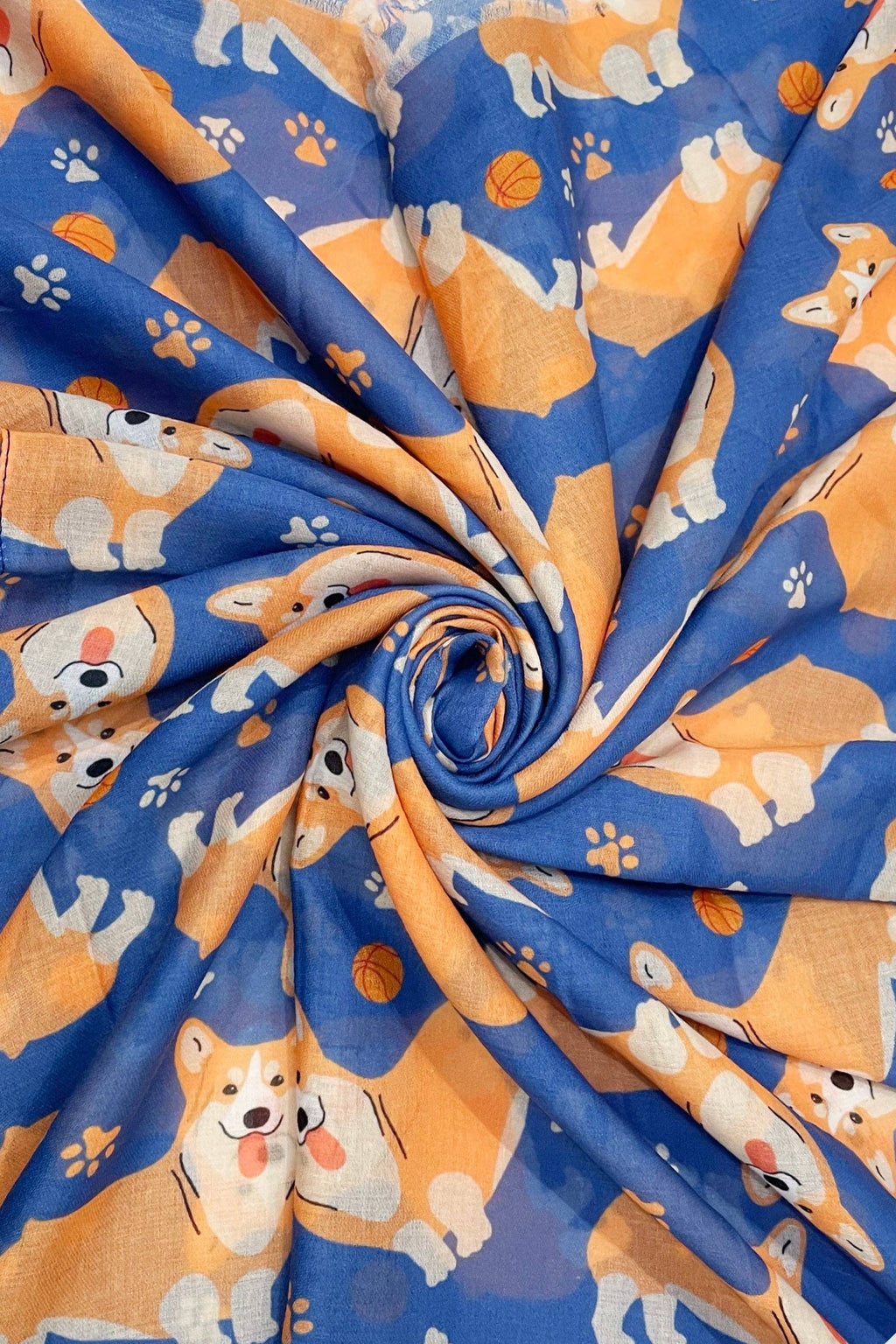 Corgi Dog & Paw Print Frayed Scarf: Blue