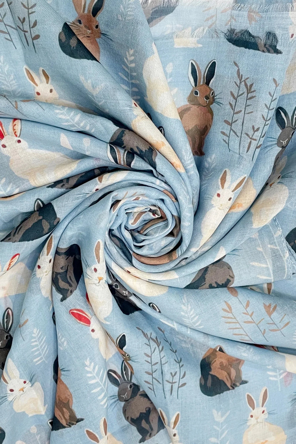 Wild Bunny Rabbit Print Frayed Scarf: Light Blue
