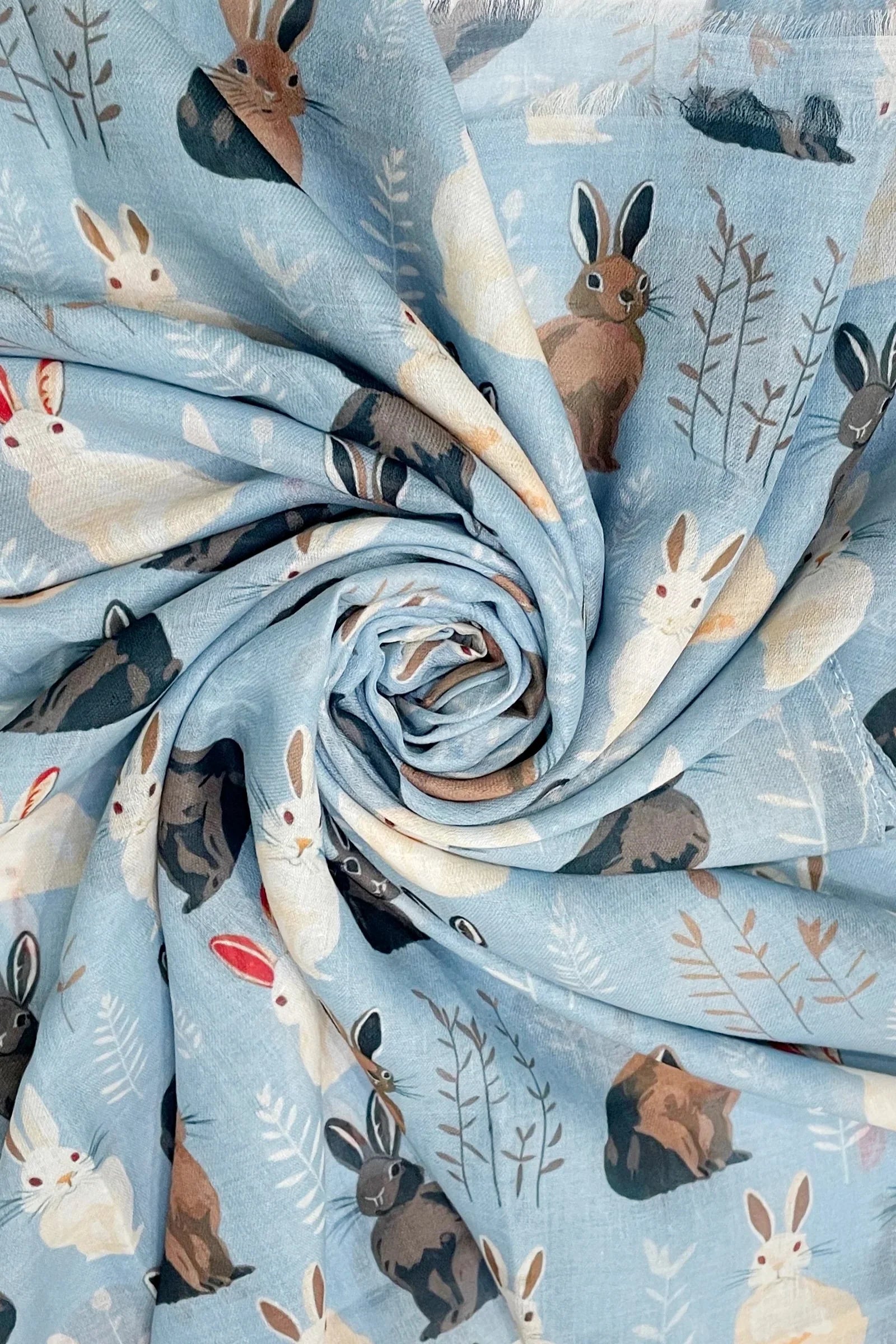 Wild Bunny Rabbit Print Frayed Scarf: Light Blue
