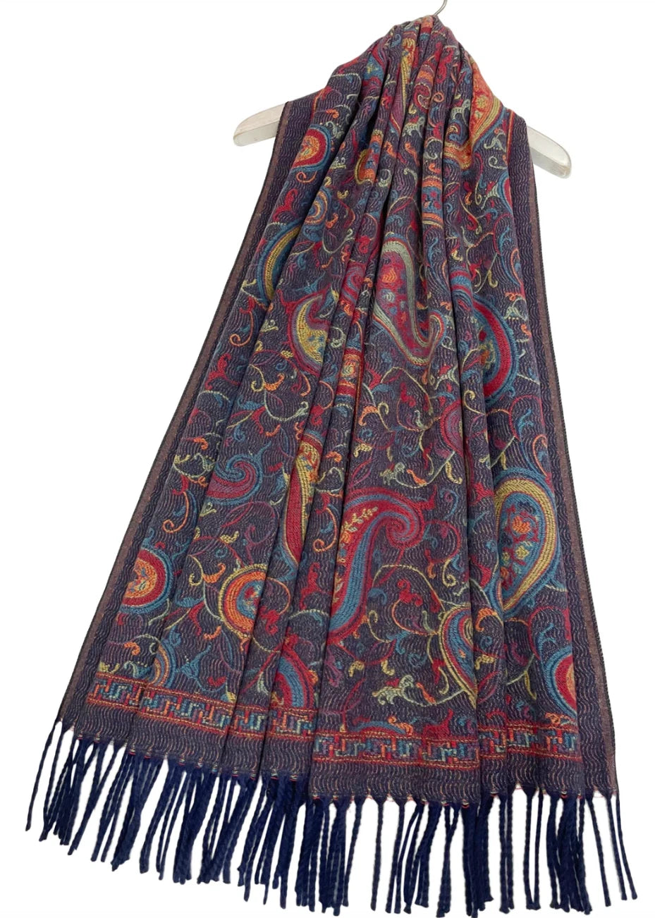 Navy Heritage Paisley Wool Tassel Scarf