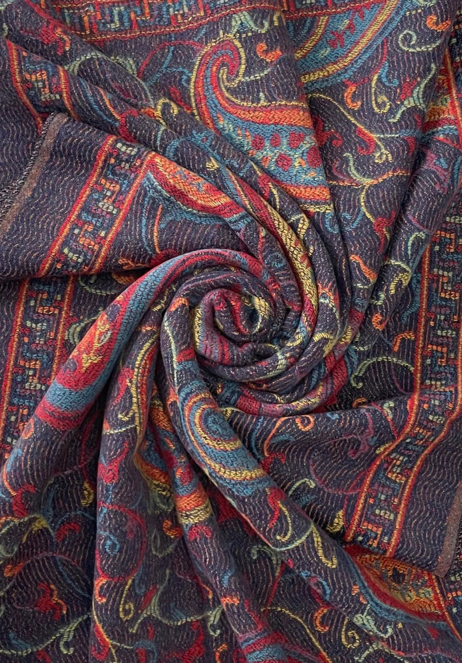 Navy Heritage Paisley Wool Tassel Scarf