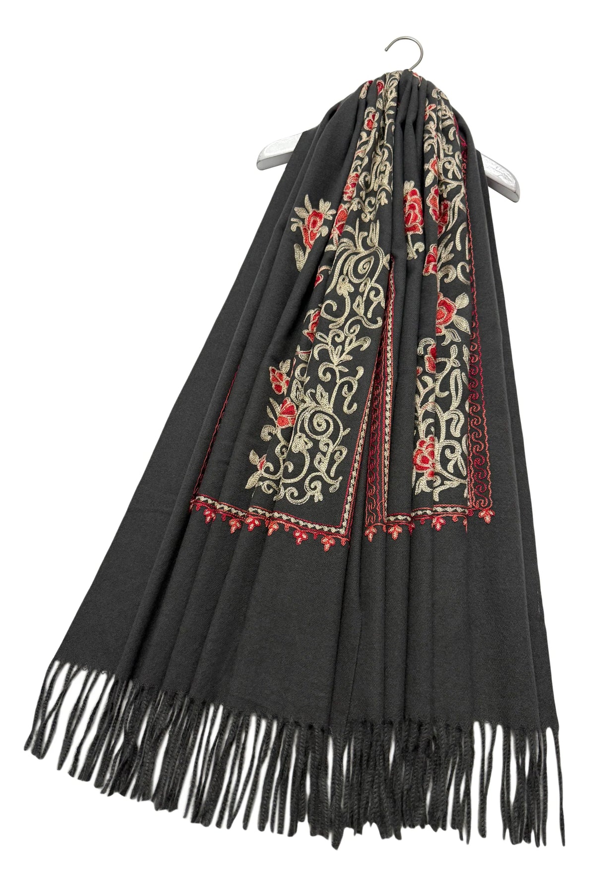 Charcoal Embroidered Rose Panel Scarf