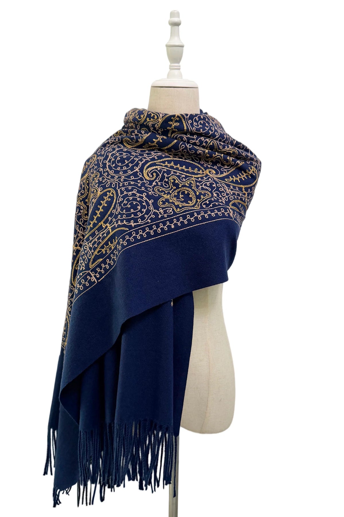 Midnight Navy Gold-Thread Paisley Shawl