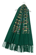 Forest Green Embroidered Tulip Tassel Scarf