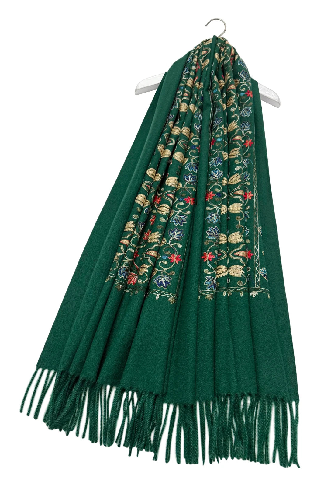 Forest Green Embroidered Tulip Tassel Scarf
