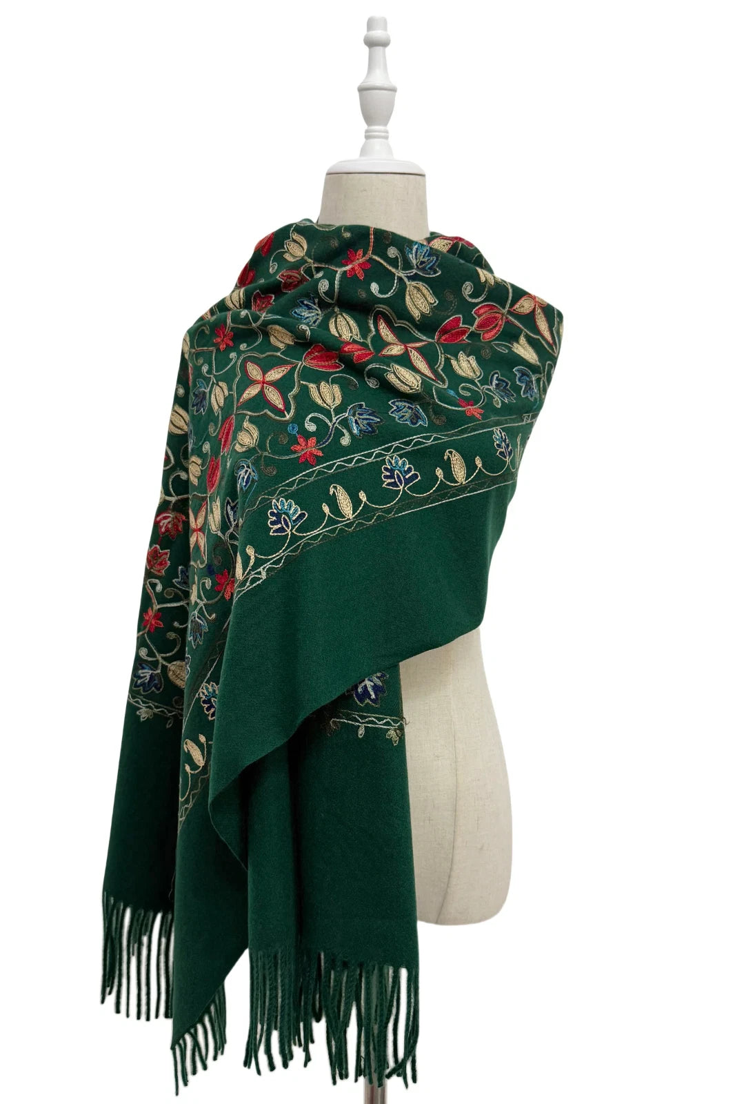 Forest Green Embroidered Tulip Tassel Scarf