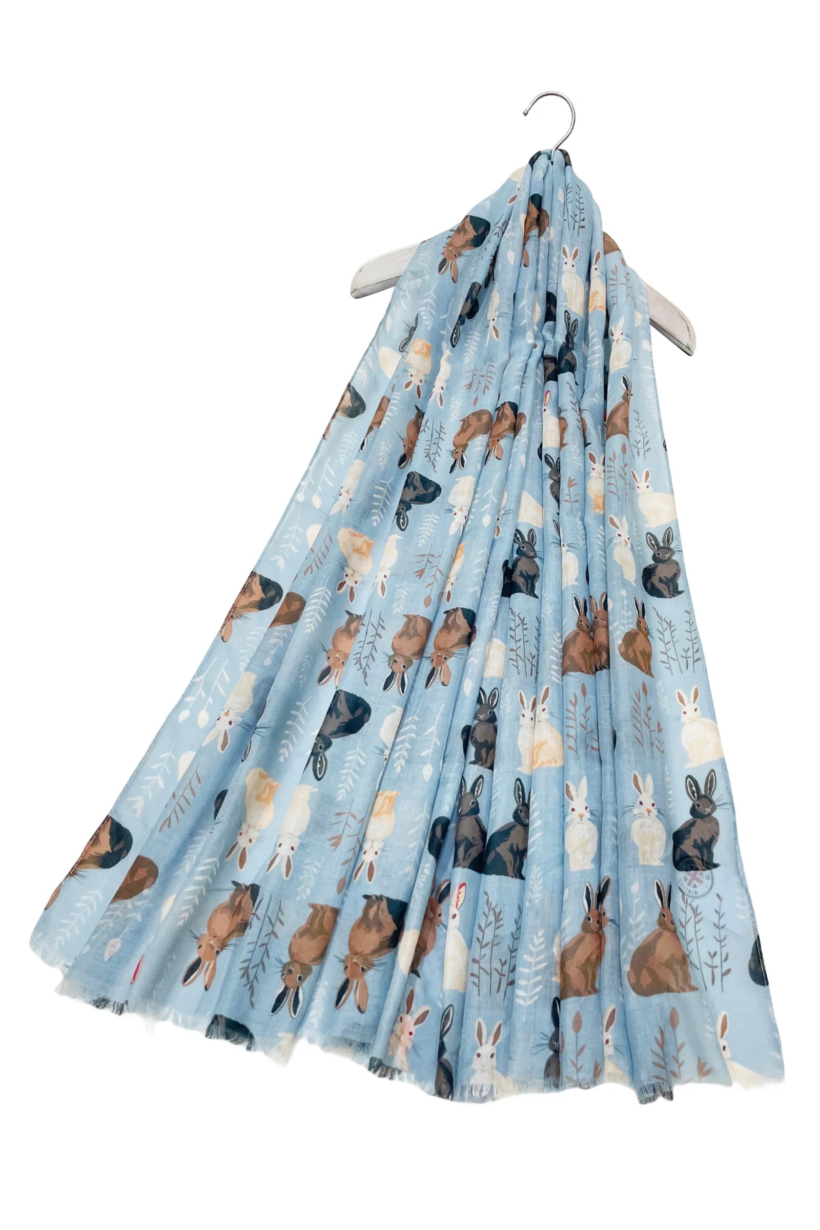Wild Bunny Rabbit Print Frayed Scarf: Light Blue
