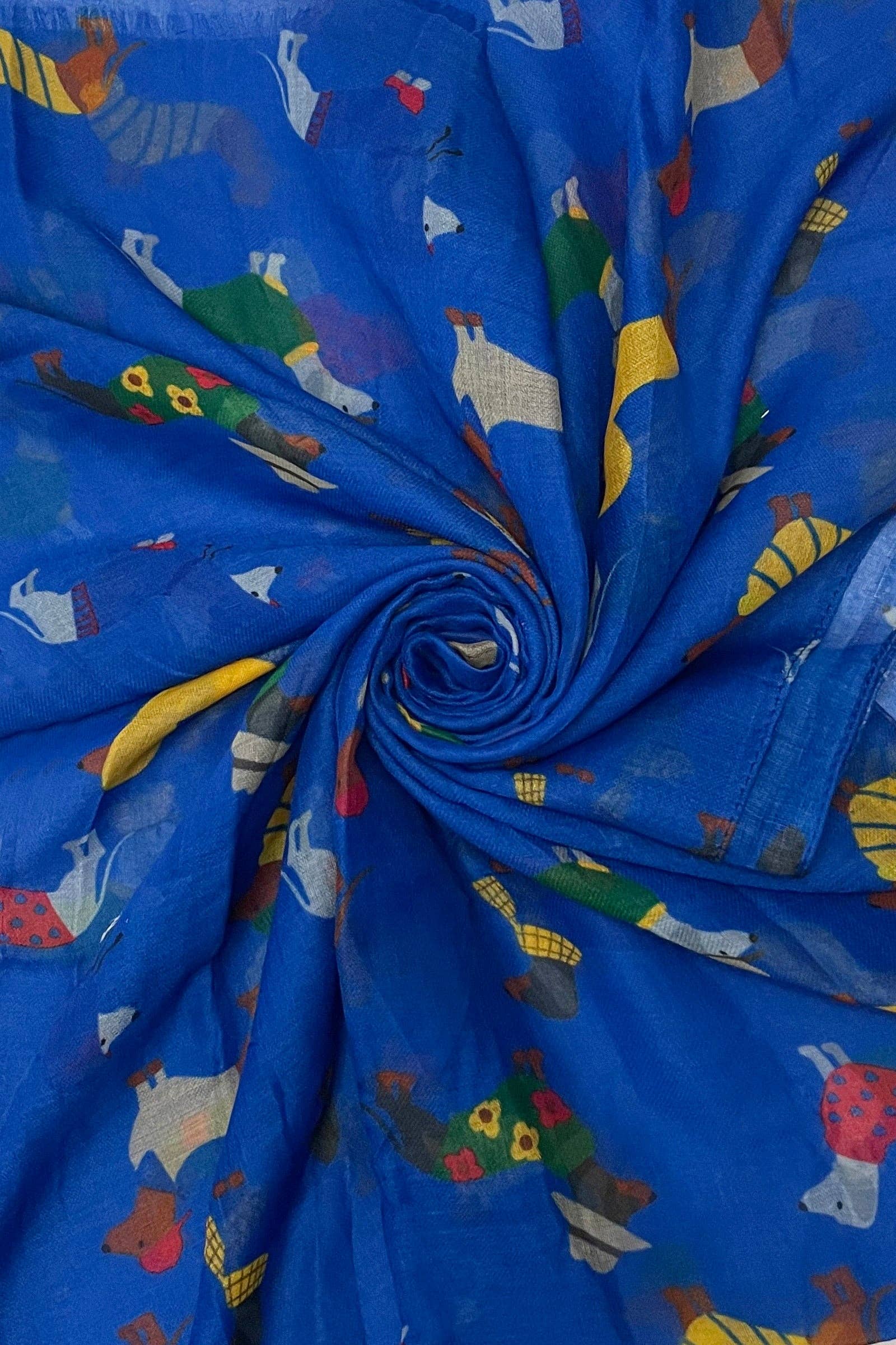 Cute Dressed Sausage Dog Print Frayed Scarf: Grey