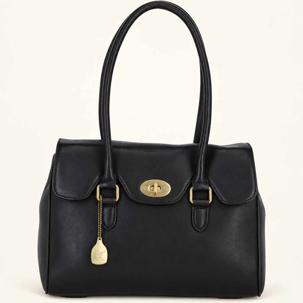 Large Black Leather Twist Lock Handbag