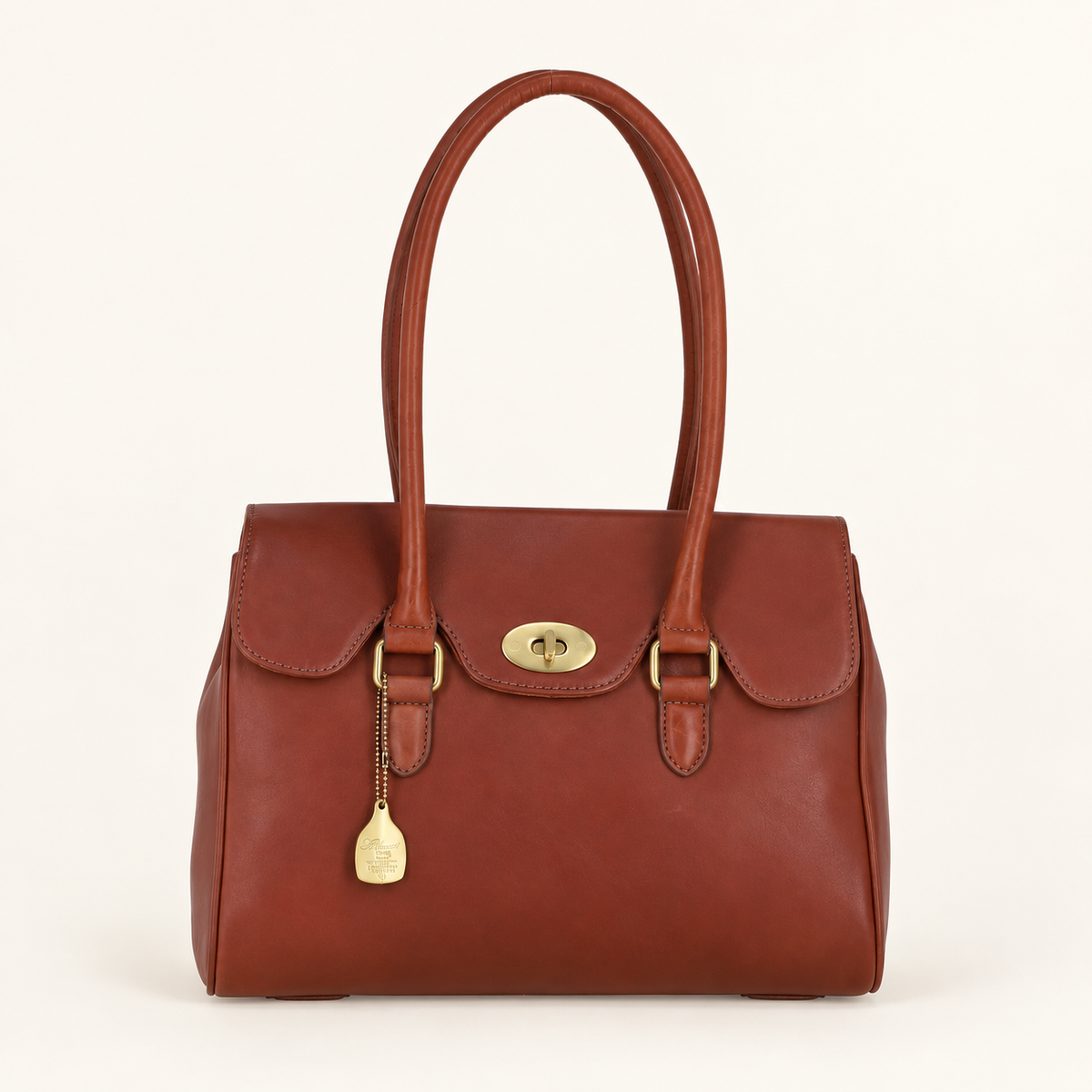 Large Tan Leather Twist Lock Handbag