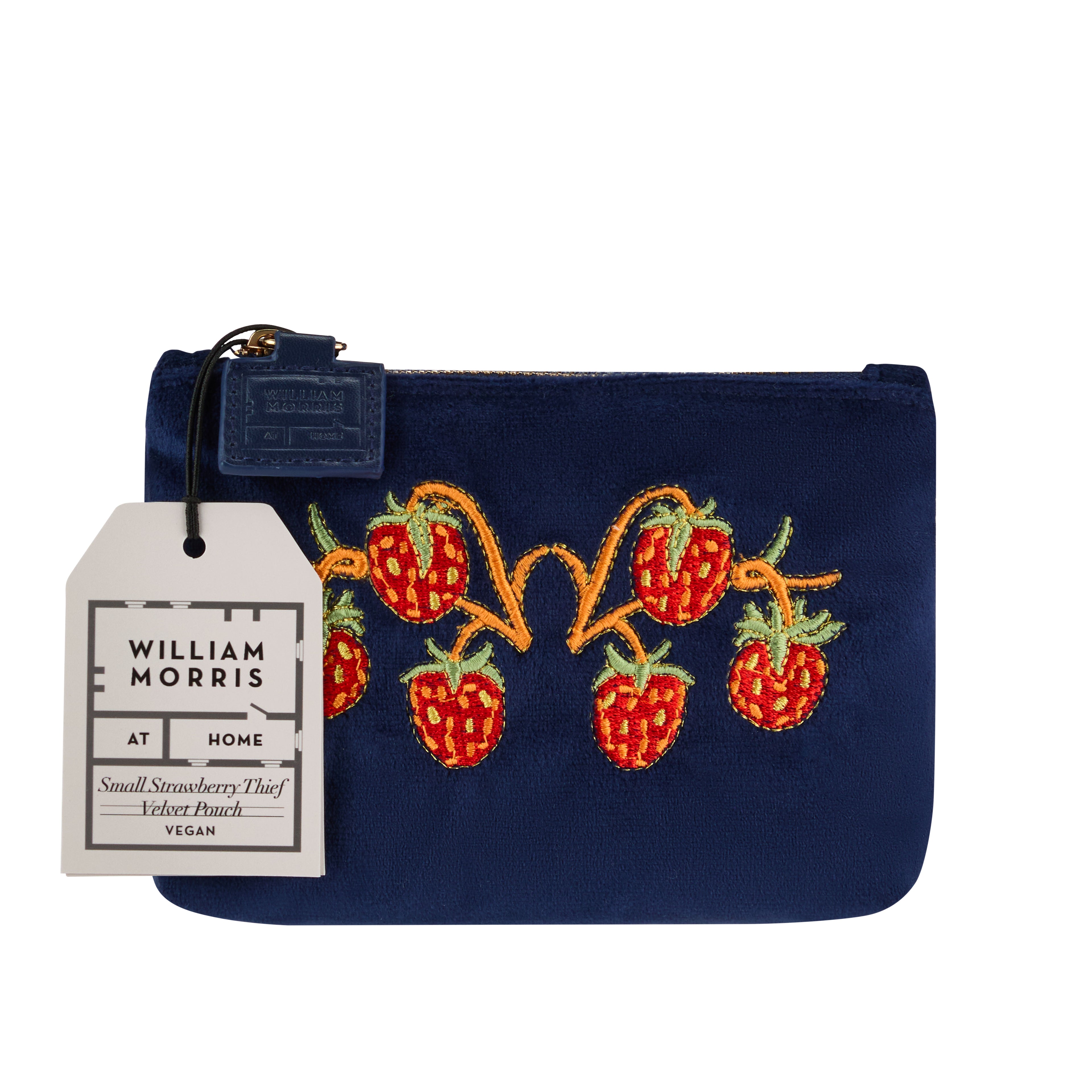 Strawberry Thief Embroidery Velvet Pouch Small (Indigo)