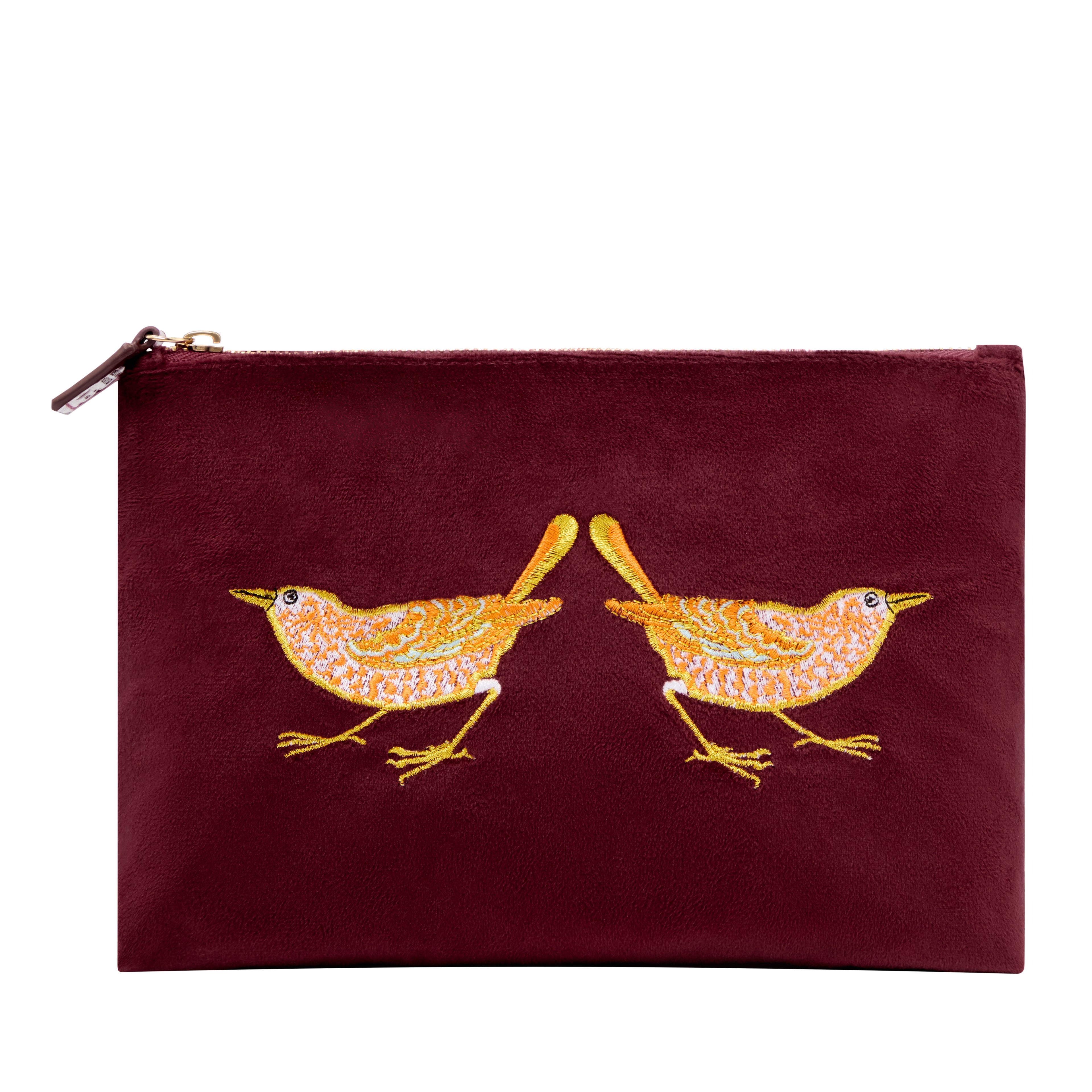 Strawberry Thief Embroidery Velvet Pouch Medium (Raspberry)