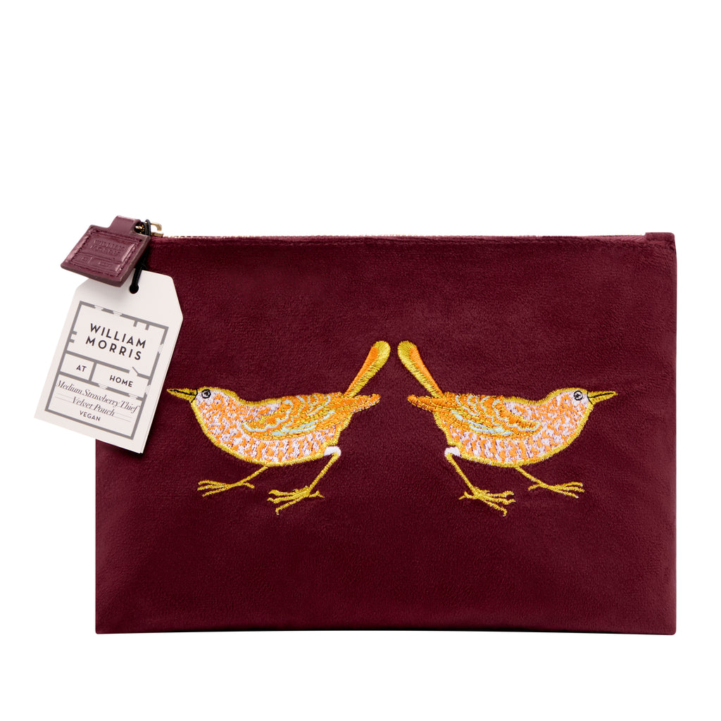 Strawberry Thief Embroidery Velvet Pouch Medium (Raspberry)