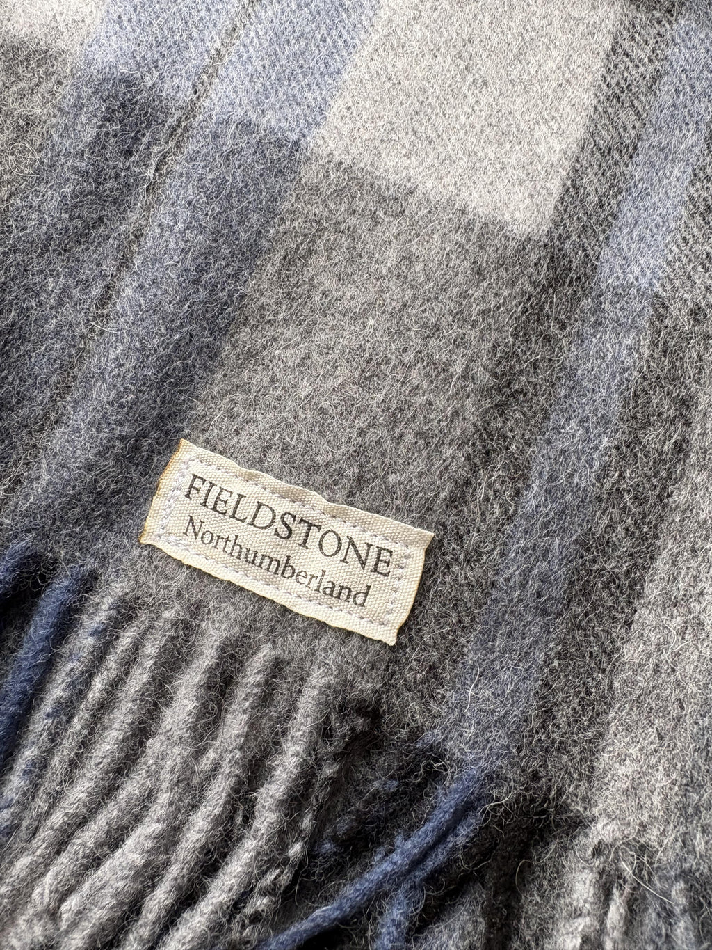 Fieldstone Northumberland Grey & Blue Check Wool Scarf