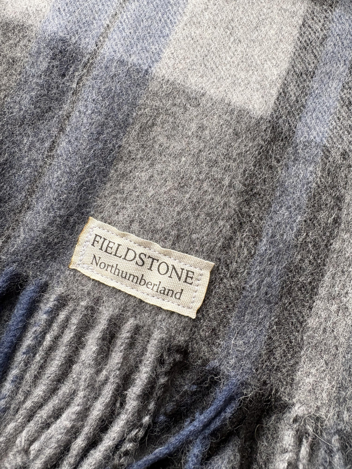Fieldstone Northumberland Grey & Blue Check Wool Scarf