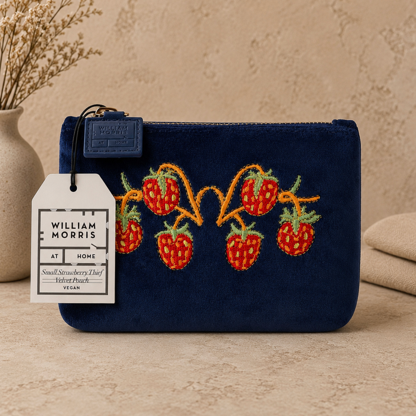 Strawberry Thief Embroidery Velvet Pouch Small (Indigo)