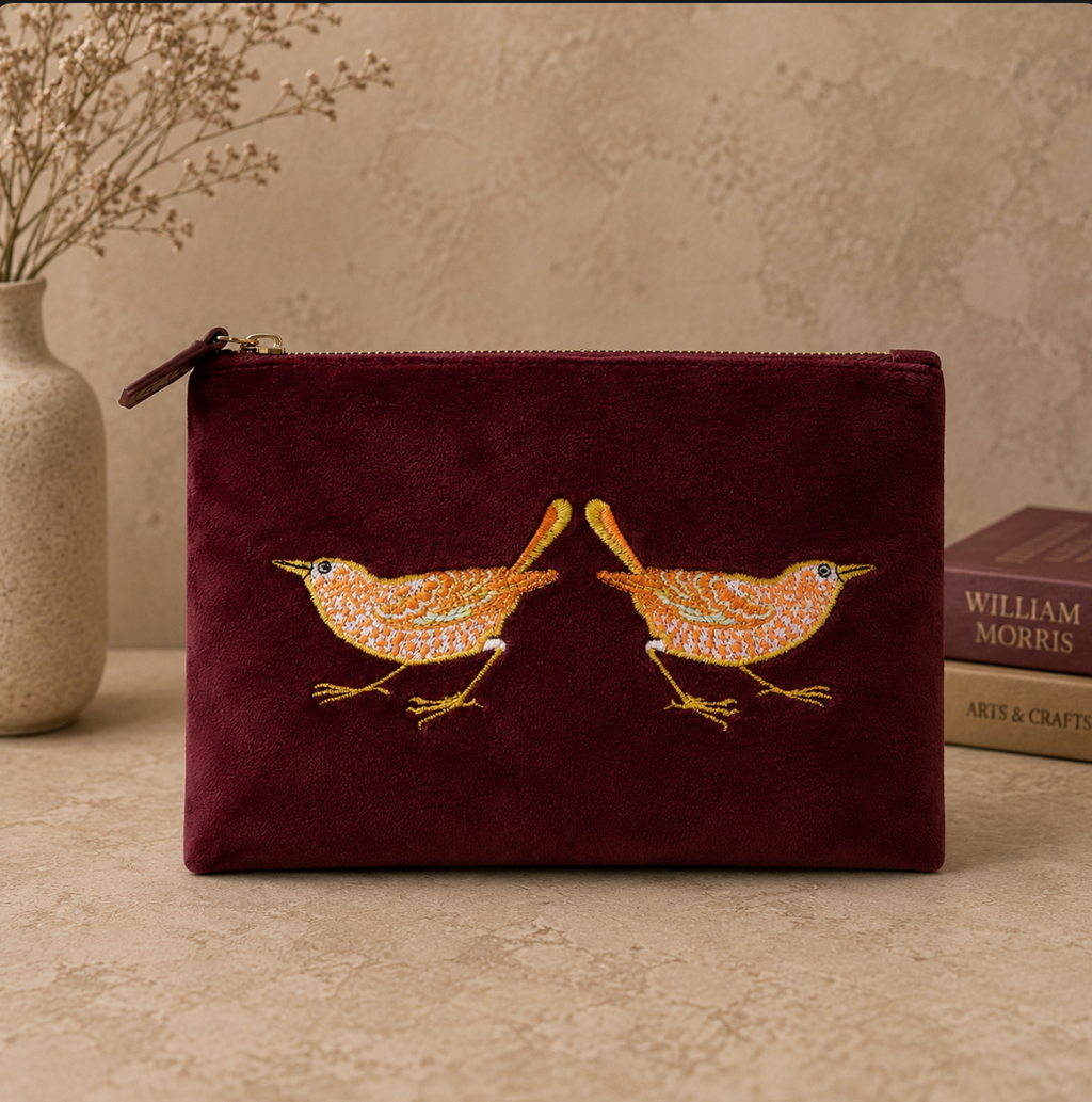 Strawberry Thief Embroidery Velvet Pouch Medium (Raspberry)