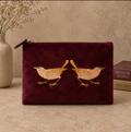 Strawberry Thief Embroidery Velvet Pouch Medium (Raspberry)