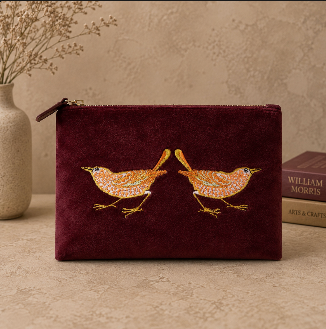 Strawberry Thief Embroidery Velvet Pouch Medium (Raspberry)