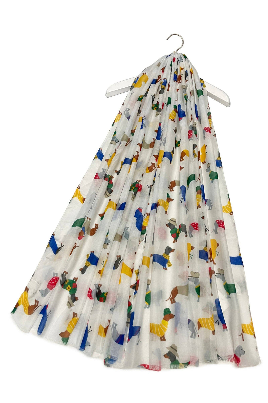 Cute Dressed Sausage Dog Print Frayed Scarf: Grey