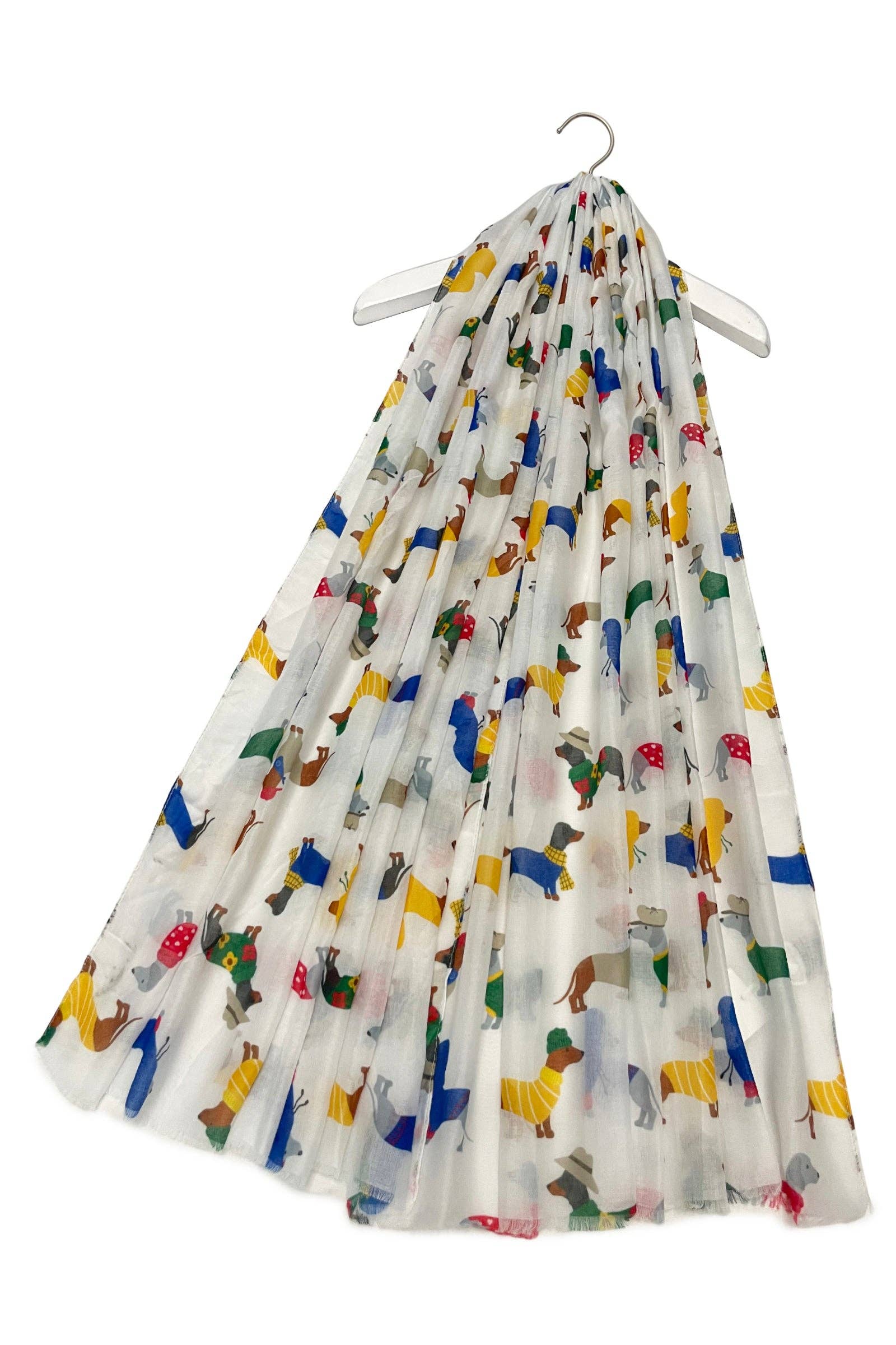 Cute Dressed Sausage Dog Print Frayed Scarf: Grey