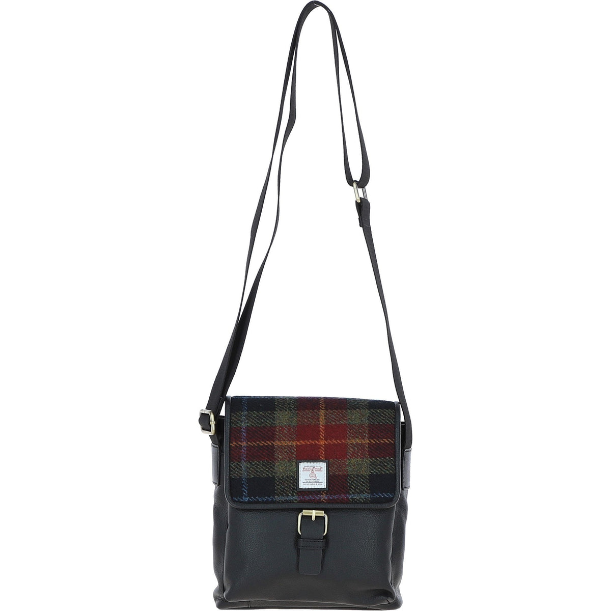 Leather & Harris Tweed Flap Crossbody Bag – Black / Green / Red, view 1