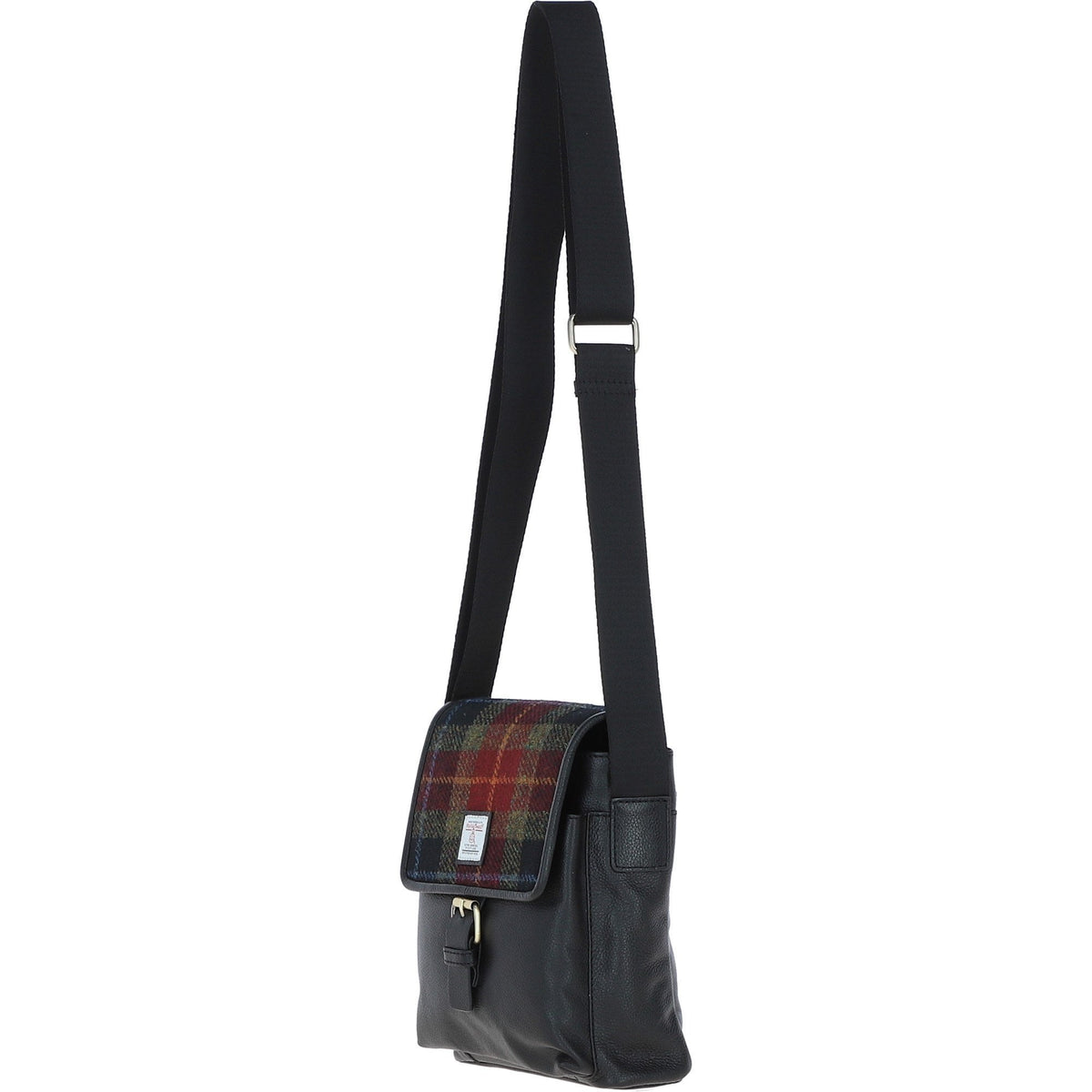 Leather & Harris Tweed Flap Crossbody Bag – Black / Green / Red, view 2