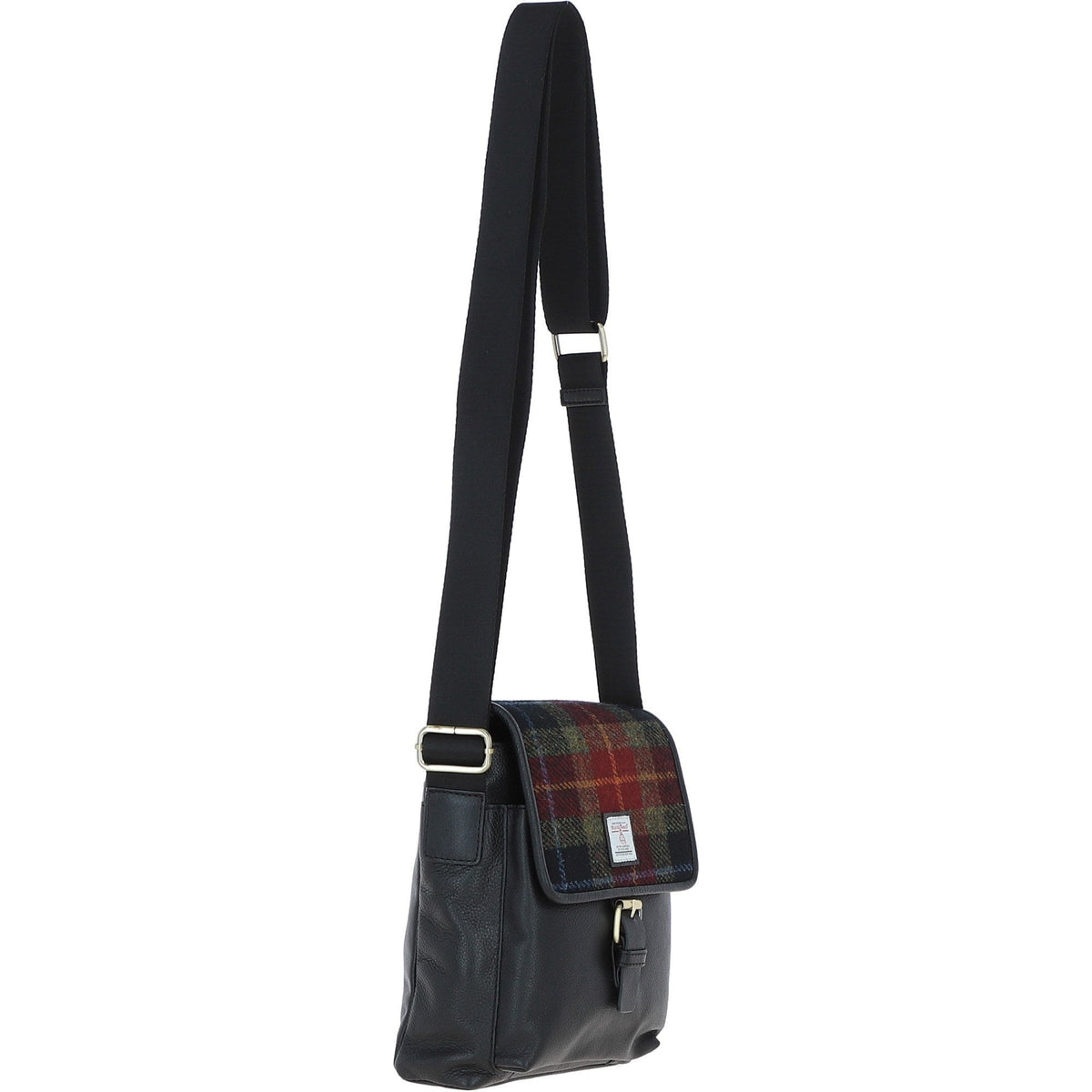 Leather & Harris Tweed Flap Crossbody Bag – Black / Green / Red, view 4