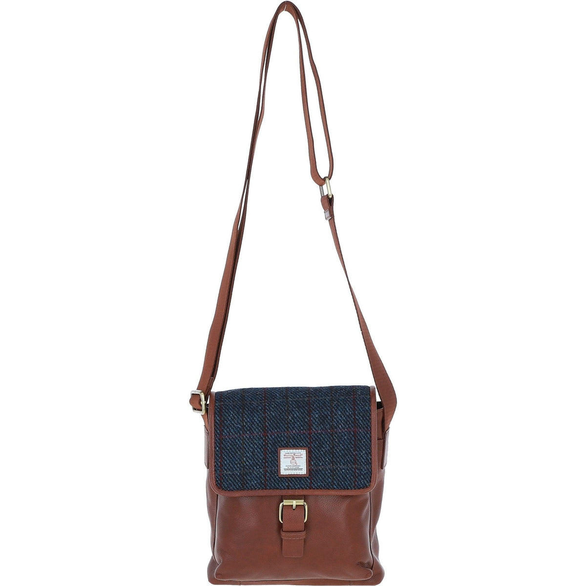Leather & Harris Tweed Flap Crossbody Bag – Tan / Navy, view 1