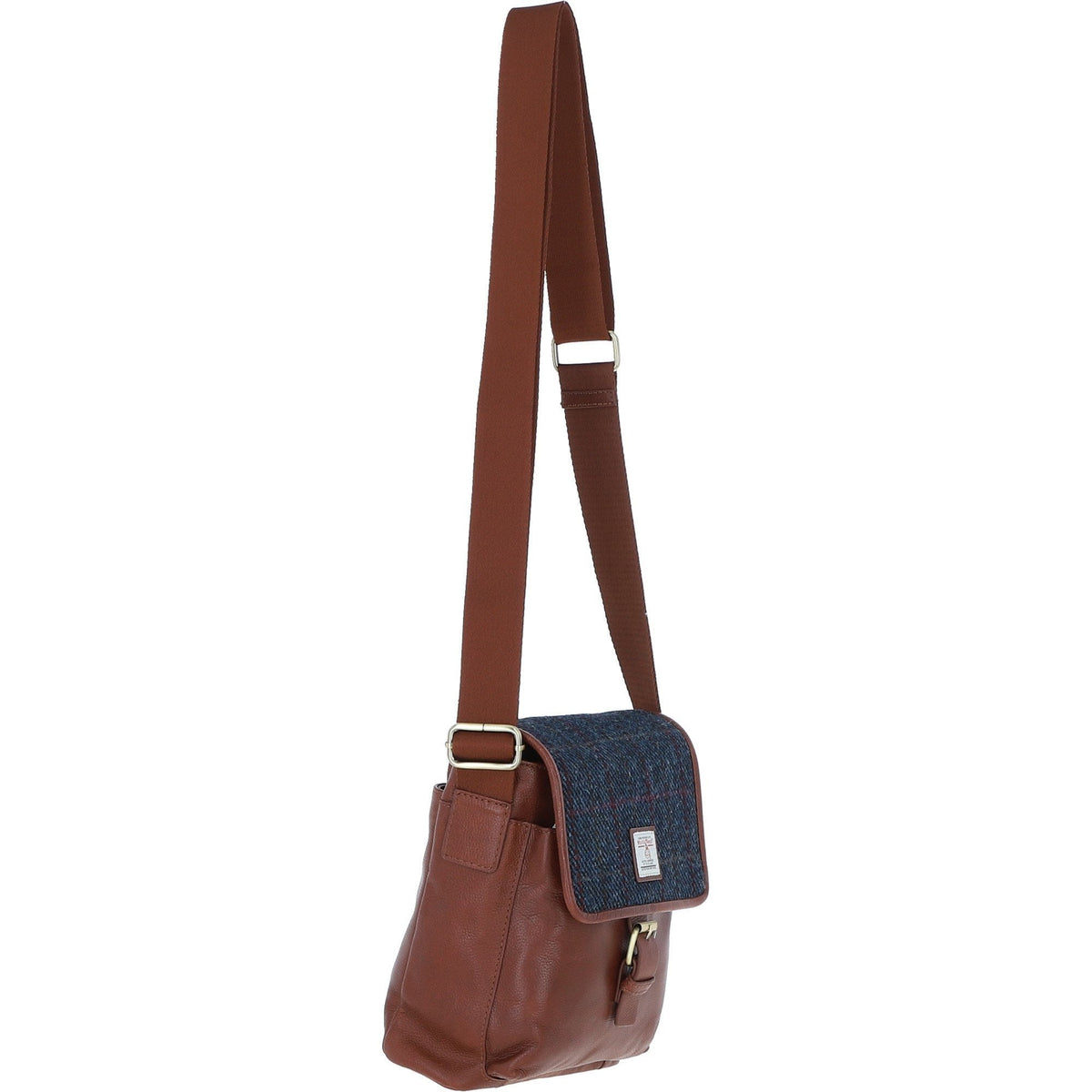 Leather & Harris Tweed Flap Crossbody Bag – Tan / Navy, view 4