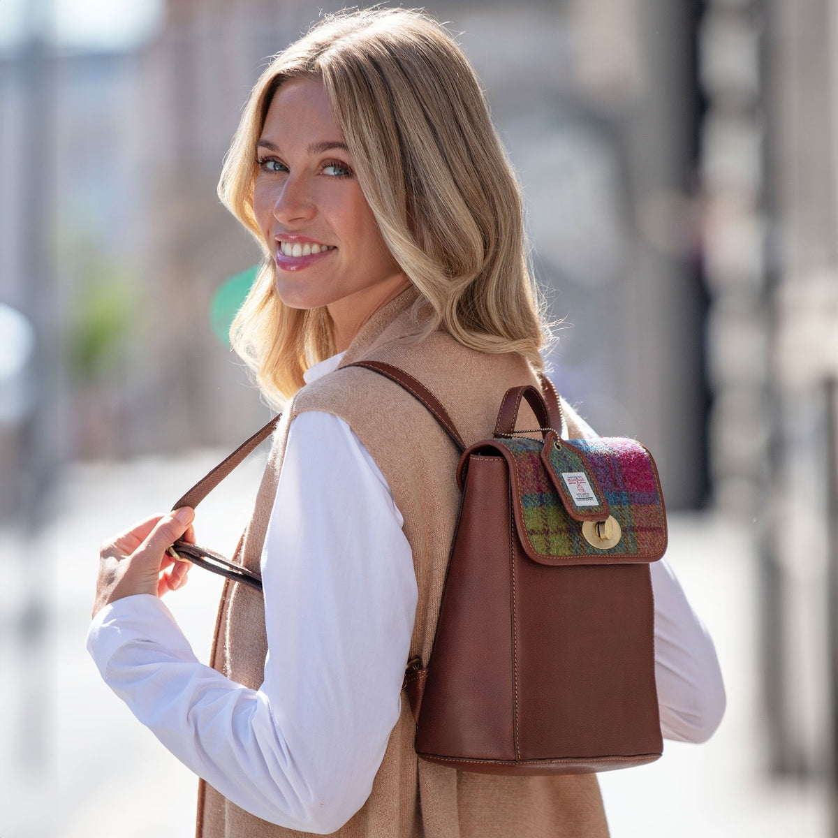 Leather & Harris Tweed Compact Backpack – Tan / Purple, view 2