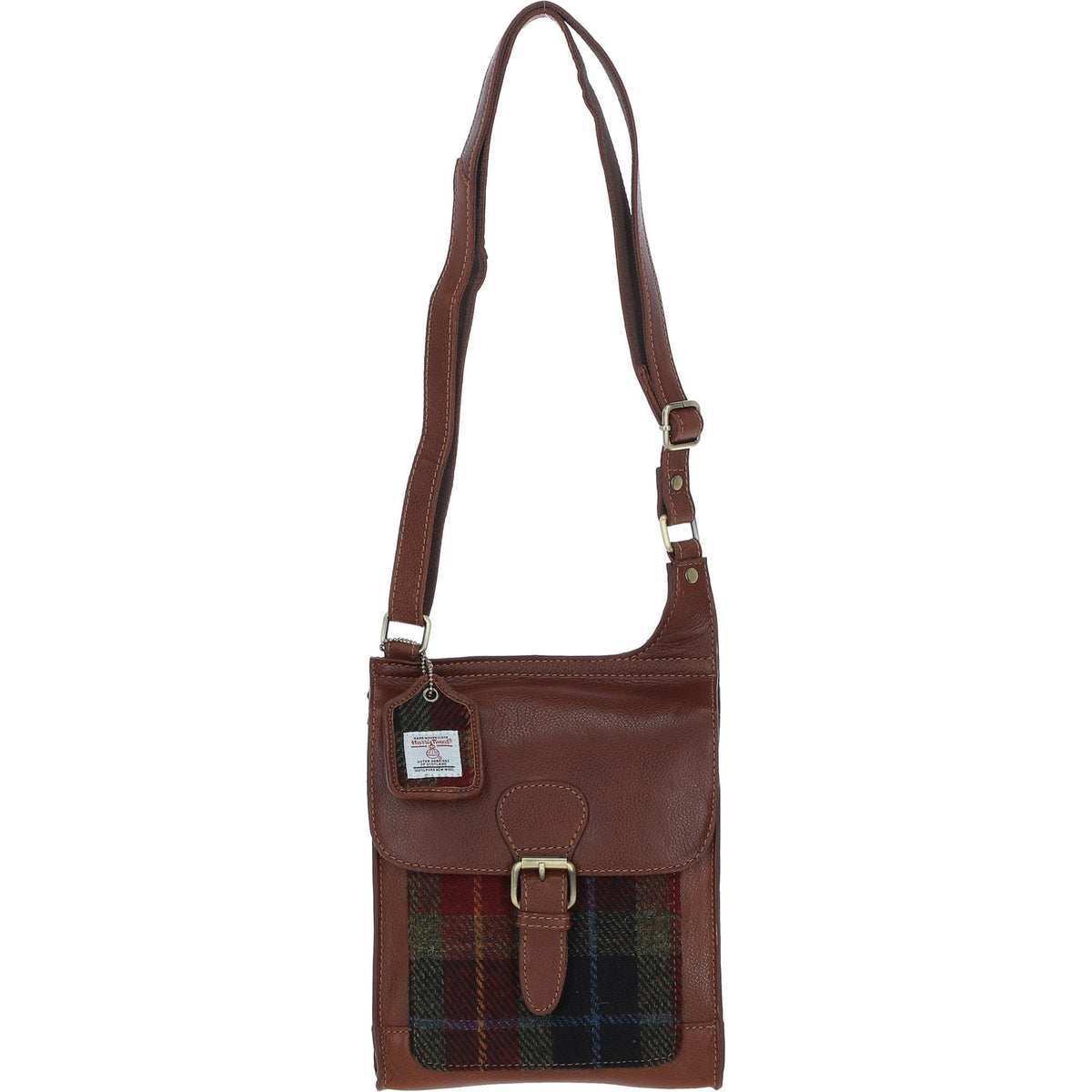 Leather & Harris Tweed Crossbody Bag – Tan / Green / Red, view 1