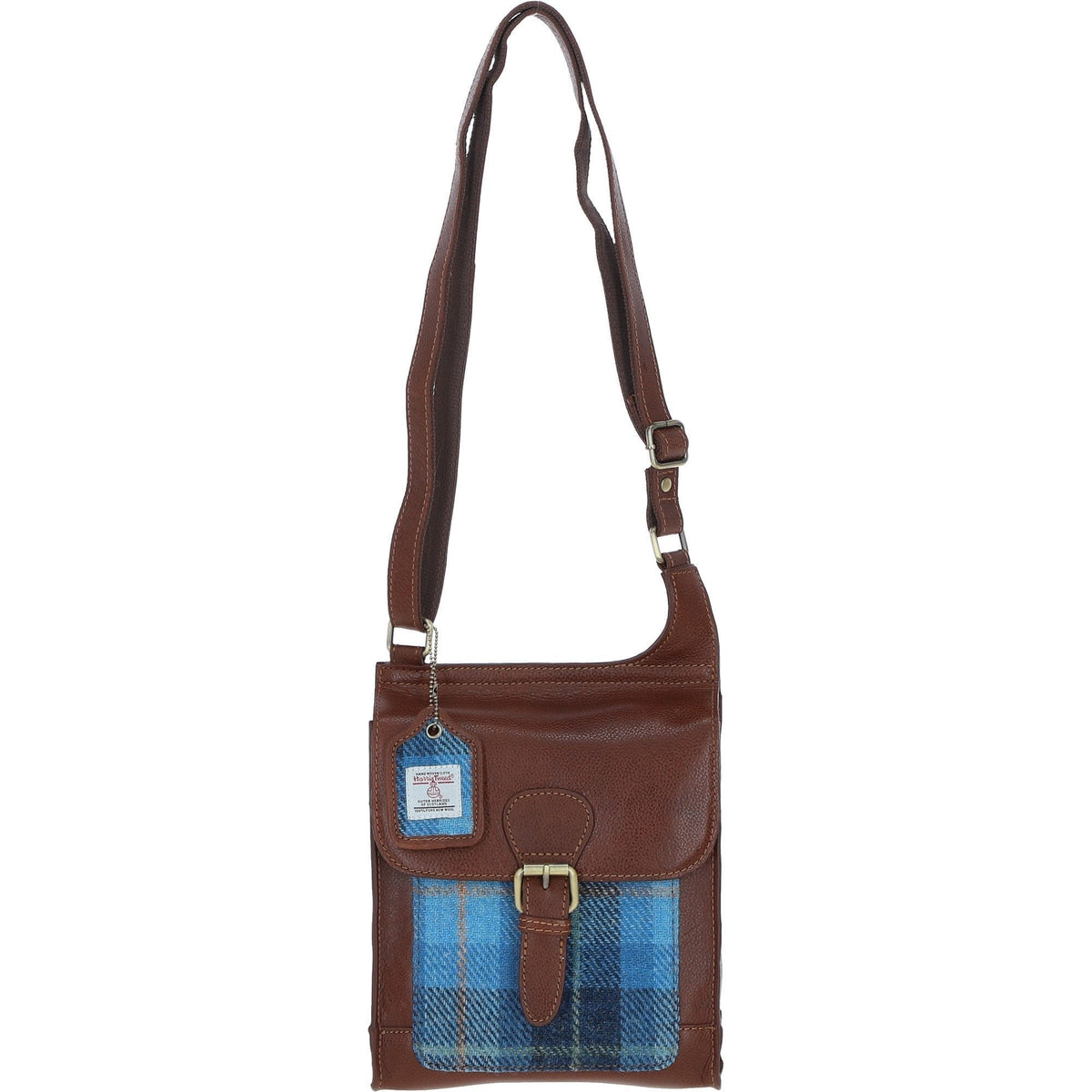 Leather & Harris Tweed Crossbody Bag – Tan / Light Blue, view 1
