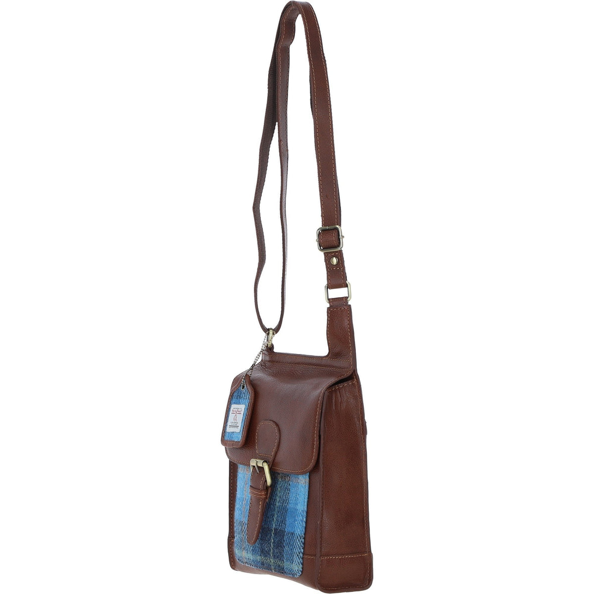 Leather & Harris Tweed Crossbody Bag – Tan / Light Blue, view 2