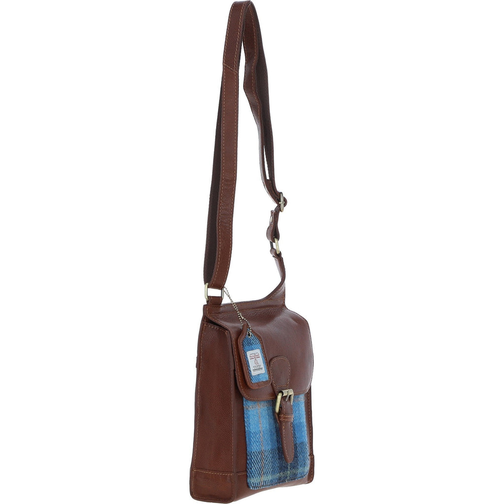 Leather & Harris Tweed Crossbody Bag – Tan / Light Blue, view 4