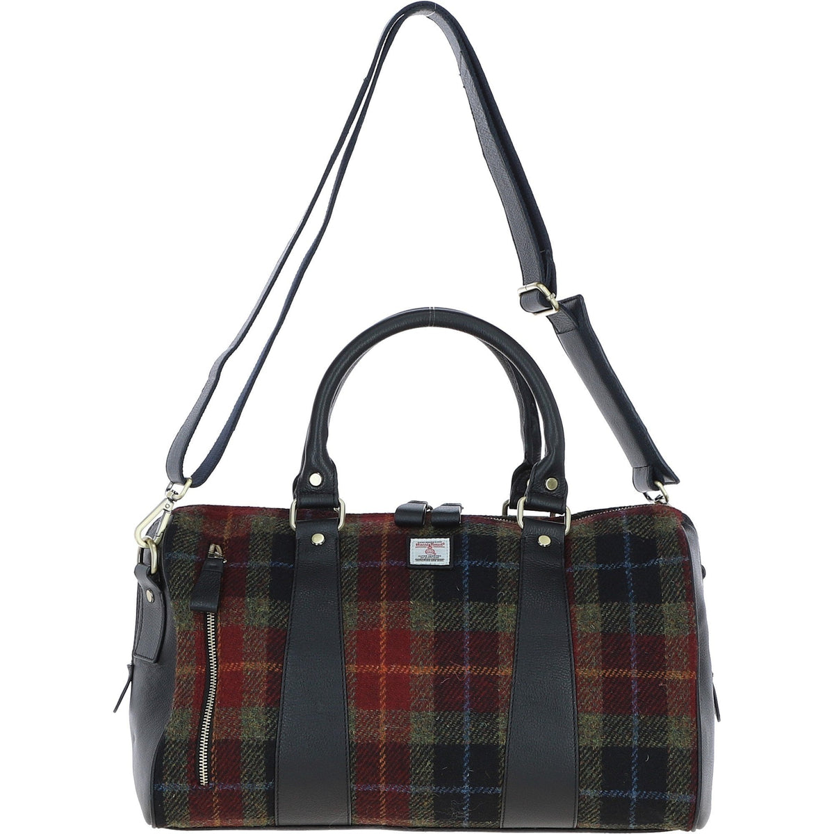Leather & Harris Tweed Small Holdall – Black / Green / Red, view 1