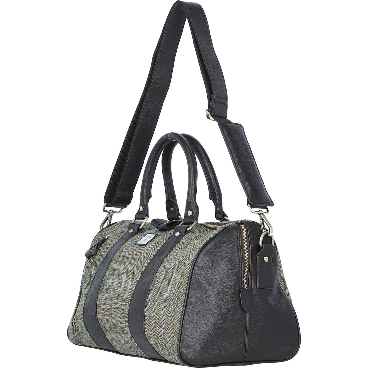 Leather & Harris Tweed Small Holdall – Brown / Green, view 2