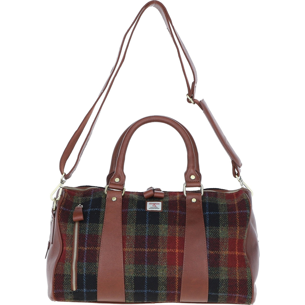 Leather & Harris Tweed Small Holdall – Tan / Green / Red, view 1