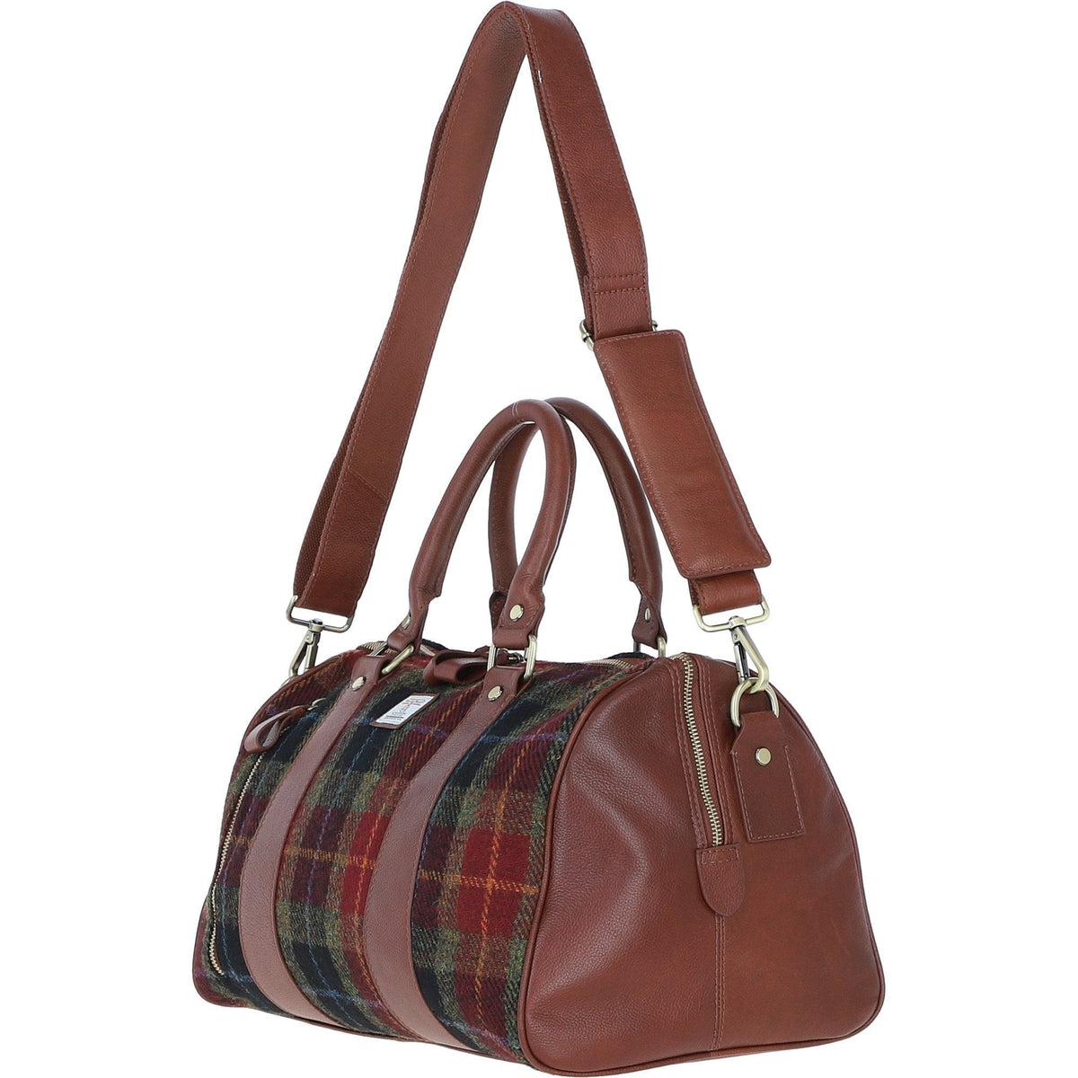 Leather & Harris Tweed Small Holdall – Tan / Green / Red, view 2