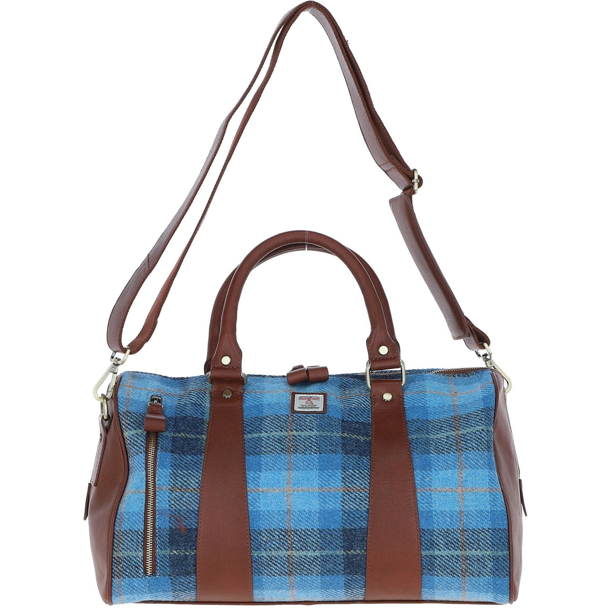 Leather & Harris Tweed Small Holdall – Tan / Light Blue, view 1