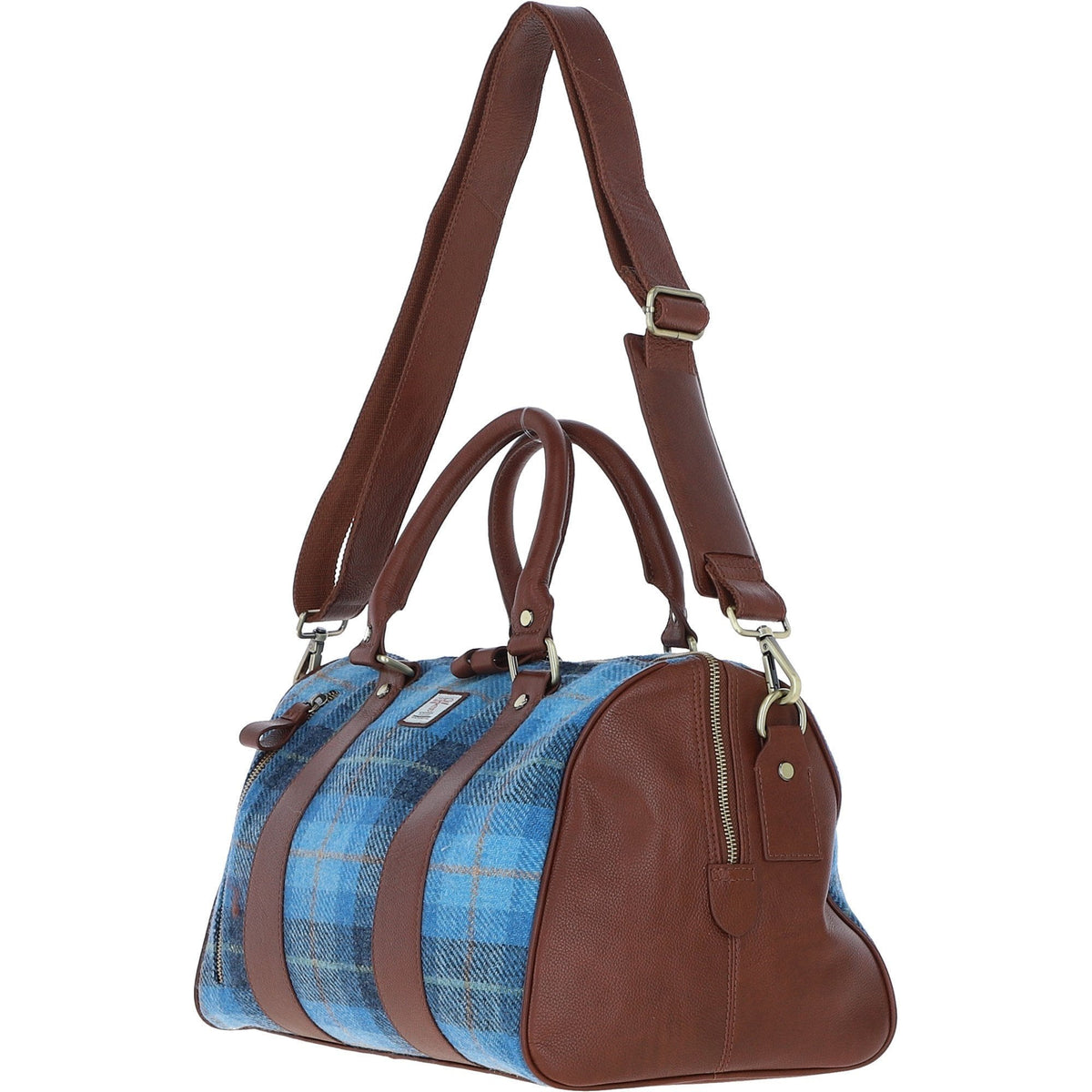 Leather & Harris Tweed Small Holdall – Tan / Light Blue, view 2