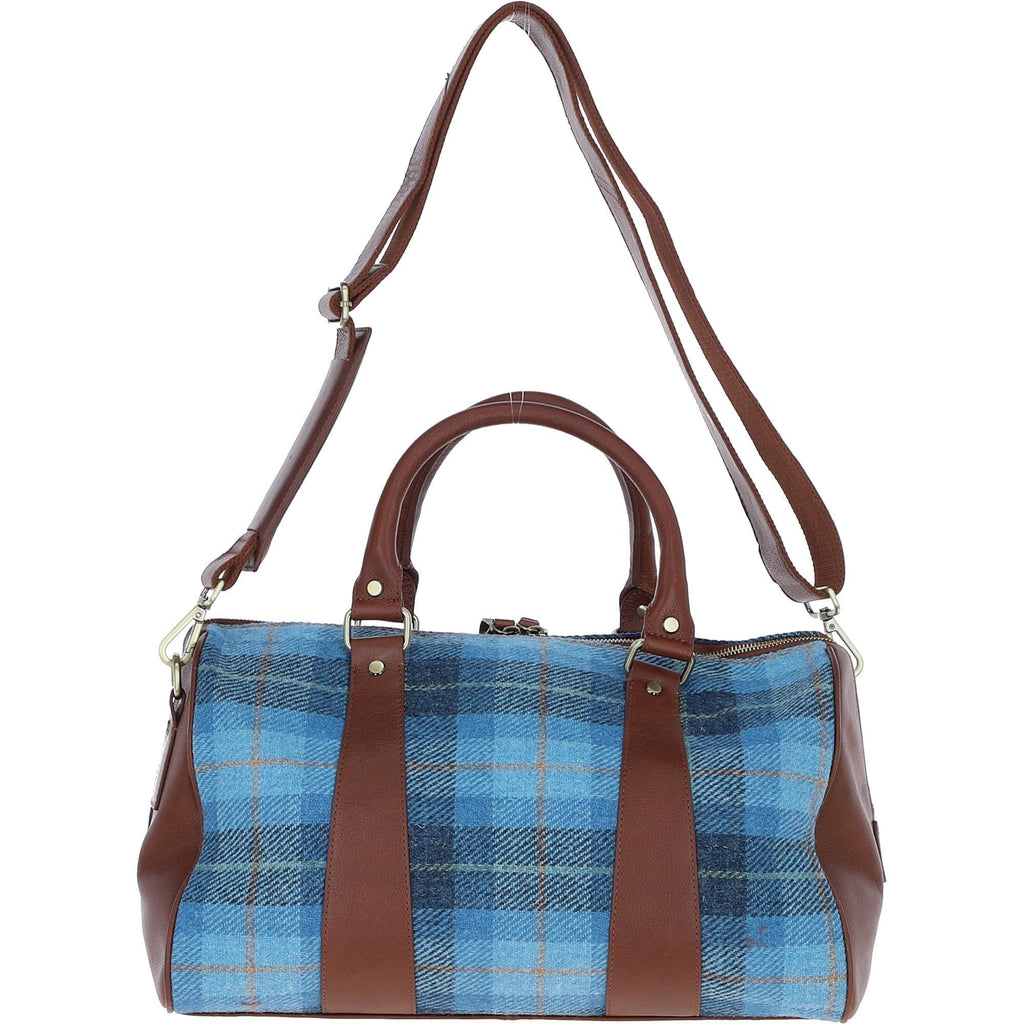 Leather & Harris Tweed Small Holdall – Tan / Light Blue, view 3