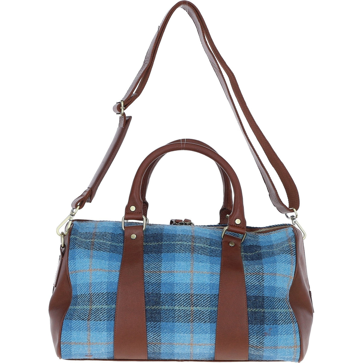 Leather & Harris Tweed Small Holdall – Tan / Light Blue, view 3